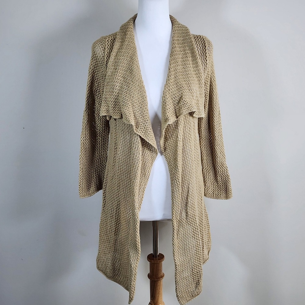 Eddie Bauer Open Front Cardigan Womens Small Tan Crochet Knit Draped Duster Boho
